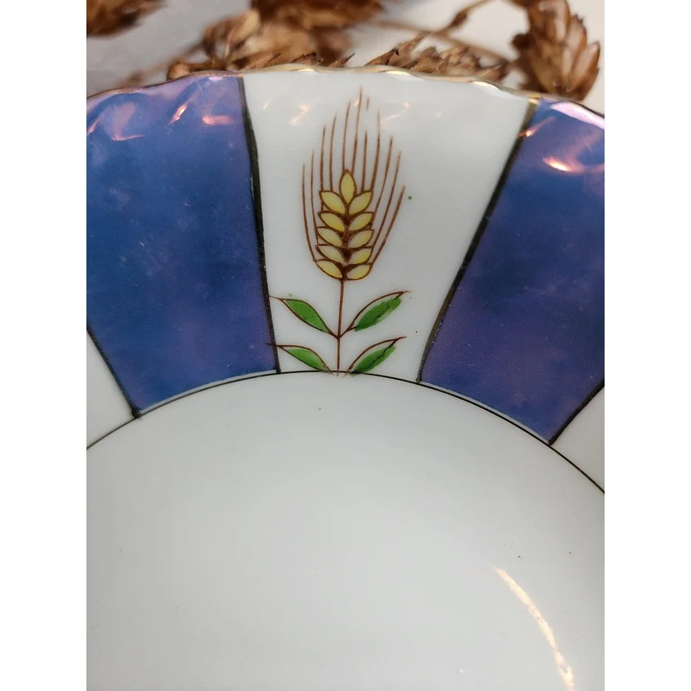 Vintage Enesco Blue & White Stripe Bowl Wheat Iridescent Colorblock Fall Harvest - Picture 3 of 5
